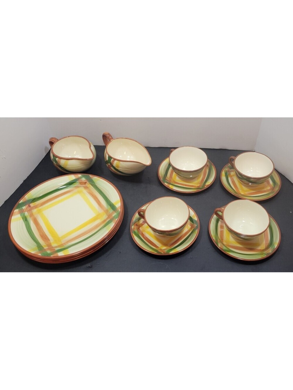 MCM Metlox Vernonware Poppytrail Homespun Plates Cups &Gravy Boat/Creamer-14 Pcs